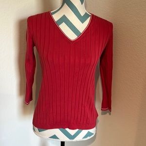 Eddie Bauer red ribbed sweater, three quarter sleeves, size S